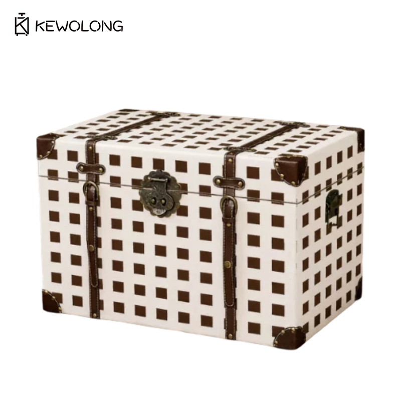 Retro Vintage Trunk Suitcase - Vintage Plaid Print Wooden Storage Box,Retro